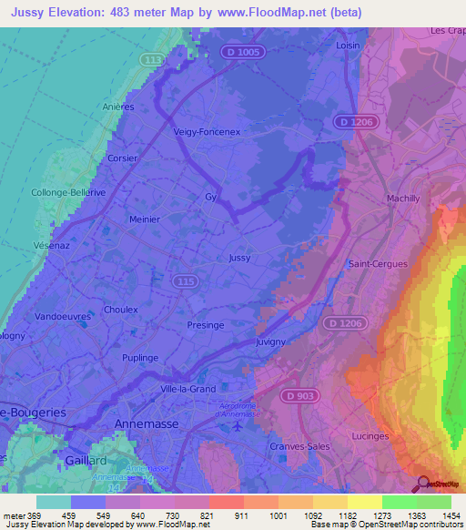 Jussy,Switzerland Elevation Map
