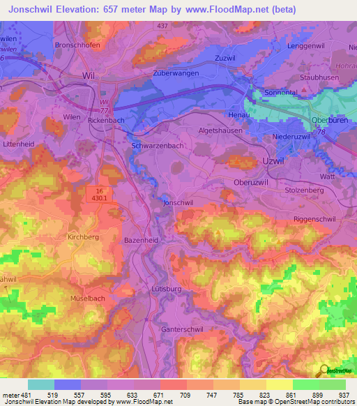 Jonschwil,Switzerland Elevation Map