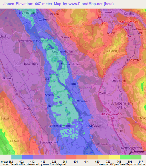 Jonen,Switzerland Elevation Map