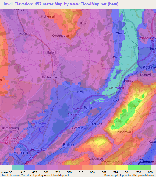 Inwil,Switzerland Elevation Map