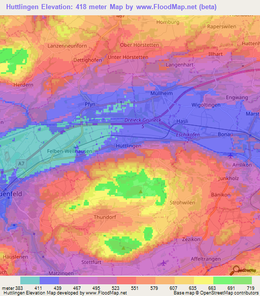 Huttlingen,Switzerland Elevation Map