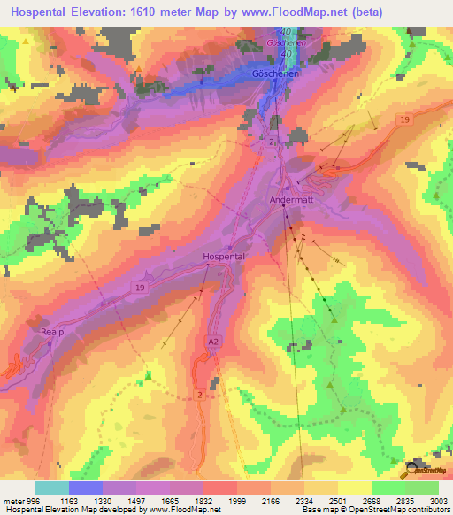 Hospental,Switzerland Elevation Map