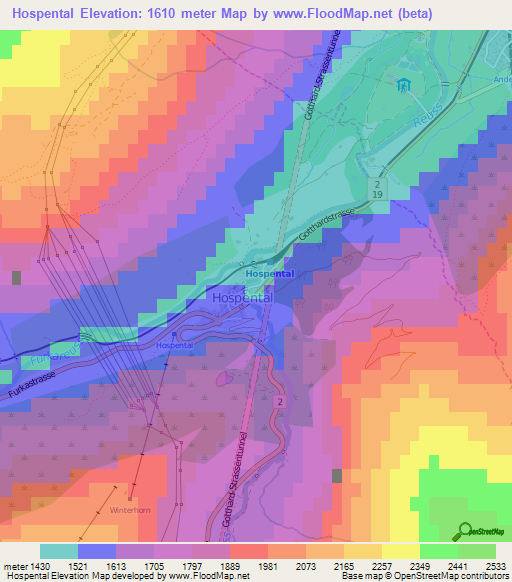 Hospental,Switzerland Elevation Map