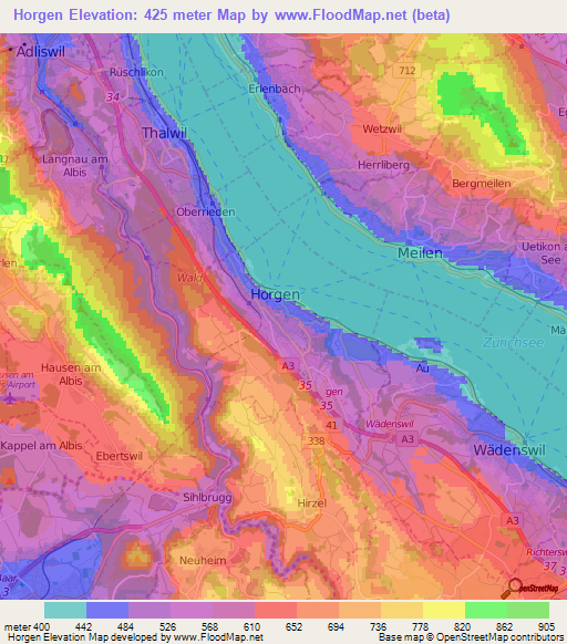 Horgen,Switzerland Elevation Map