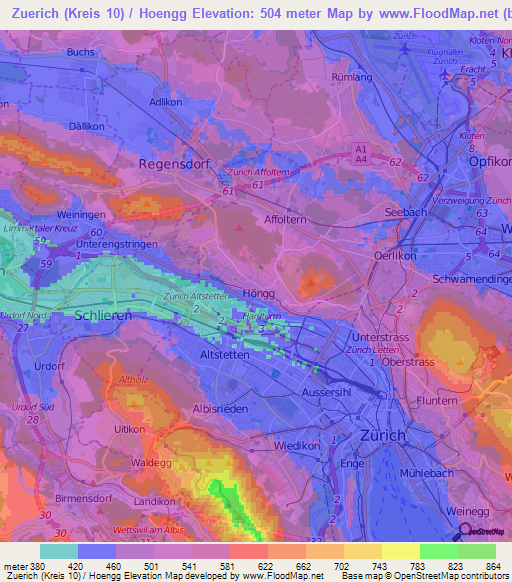 Zuerich (Kreis 10) / Hoengg,Switzerland Elevation Map