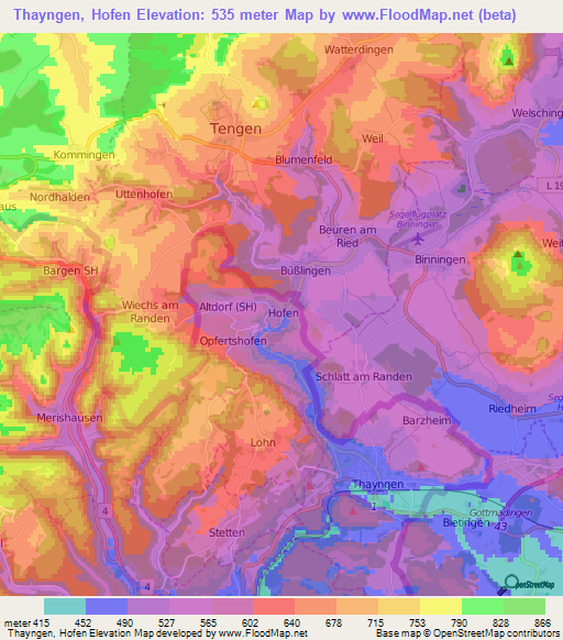 Thayngen, Hofen,Switzerland Elevation Map