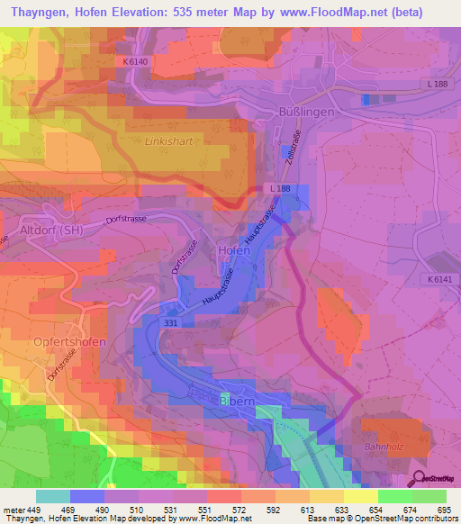 Thayngen, Hofen,Switzerland Elevation Map