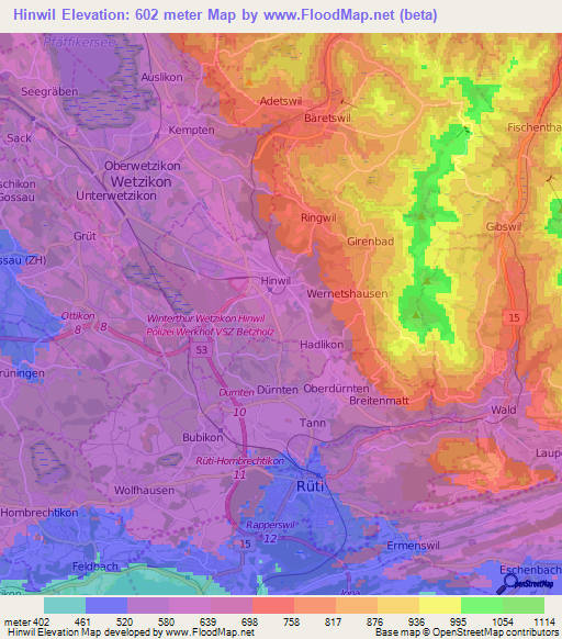 Hinwil,Switzerland Elevation Map