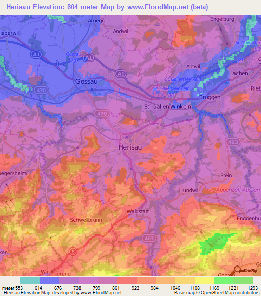 Herisau,Switzerland Elevation Map