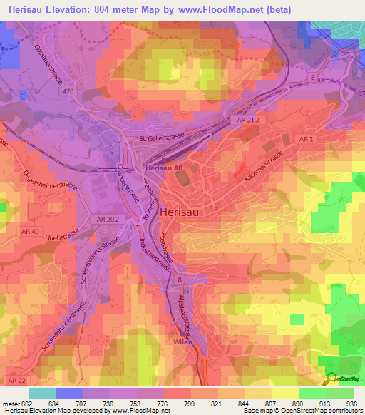 Herisau,Switzerland Elevation Map