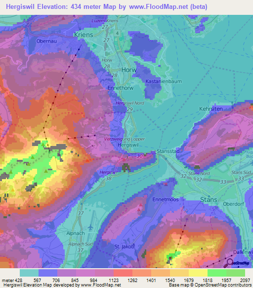 Hergiswil,Switzerland Elevation Map