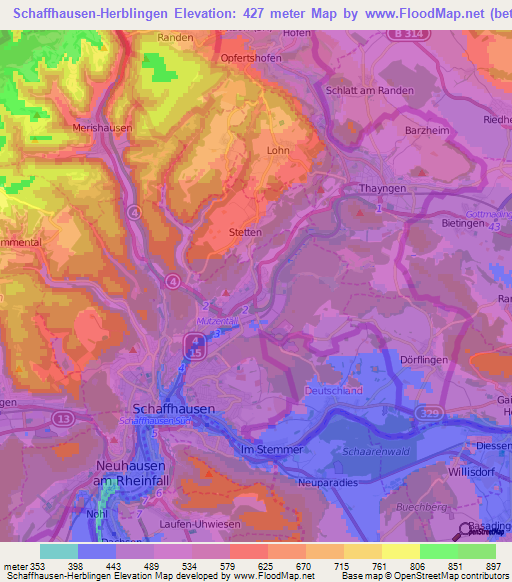 Schaffhausen-Herblingen,Switzerland Elevation Map