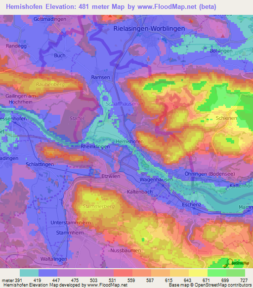 Hemishofen,Switzerland Elevation Map