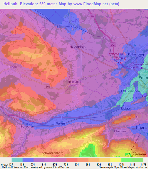 Hellbuhl,Switzerland Elevation Map