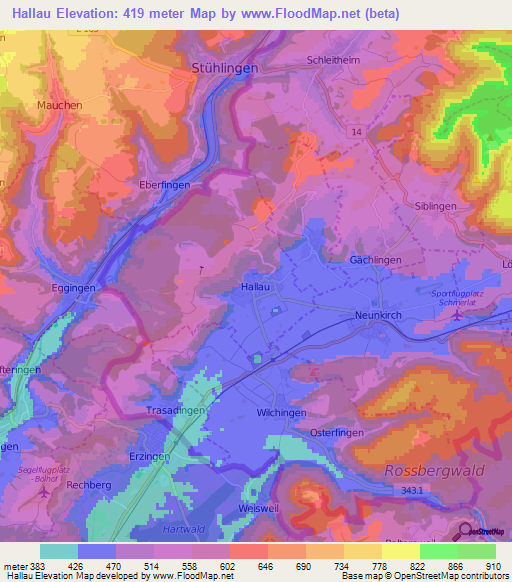 Hallau,Switzerland Elevation Map