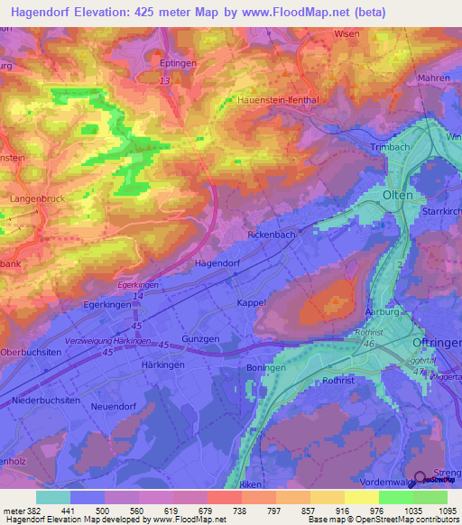 Hagendorf,Switzerland Elevation Map