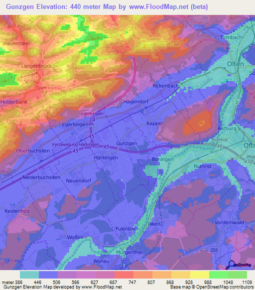 Gunzgen,Switzerland Elevation Map