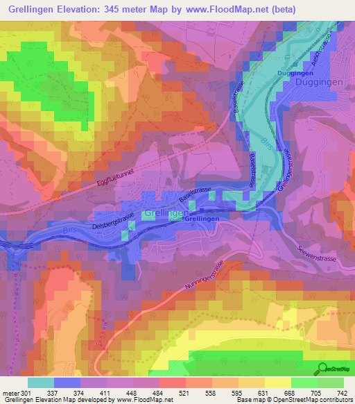 Grellingen,Switzerland Elevation Map