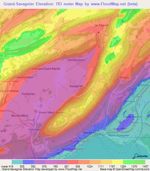 Grand-Savagnier,Switzerland Elevation Map