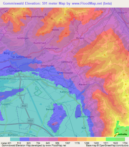 Gommiswald,Switzerland Elevation Map