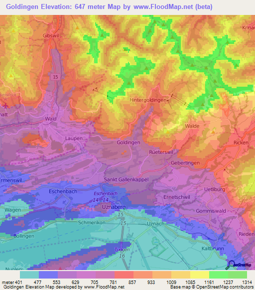 Goldingen,Switzerland Elevation Map