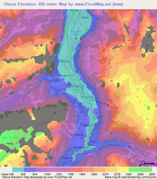 Glarus,Switzerland Elevation Map