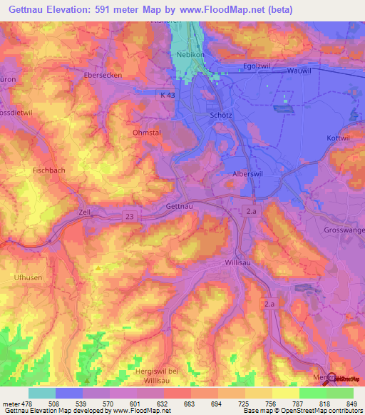 Gettnau,Switzerland Elevation Map