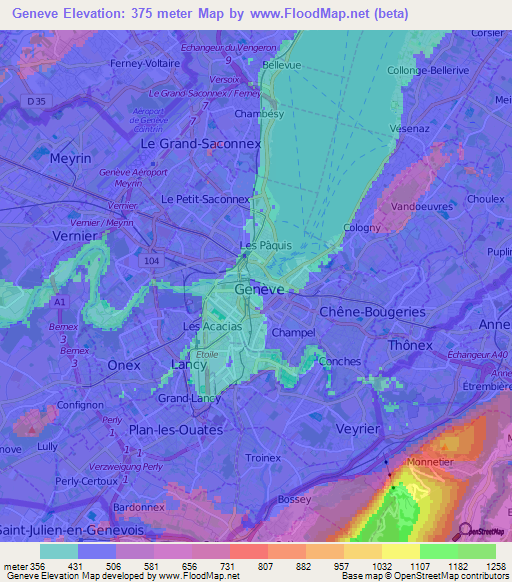 Geneve,Switzerland Elevation Map