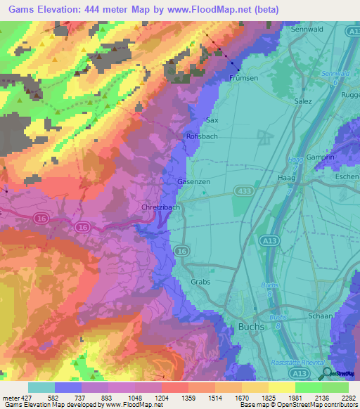 Gams,Switzerland Elevation Map