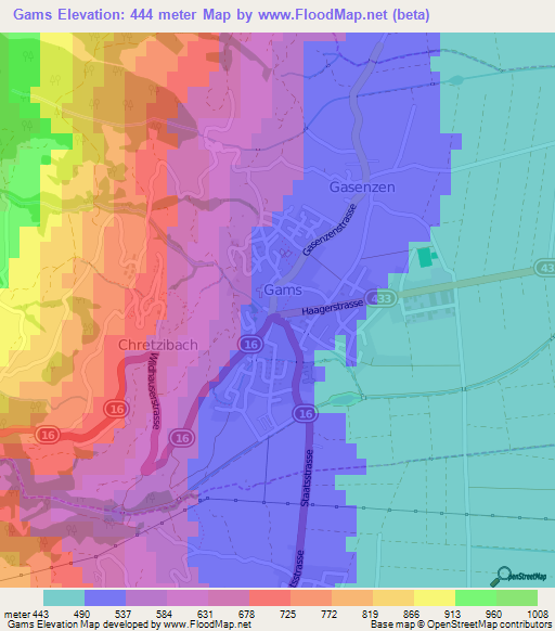 Gams,Switzerland Elevation Map