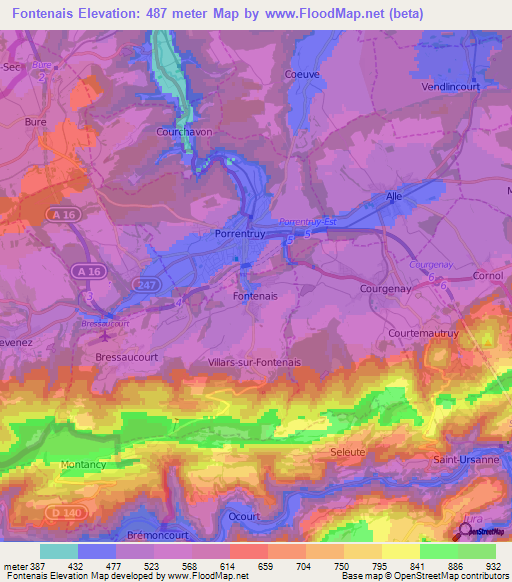 Fontenais,Switzerland Elevation Map