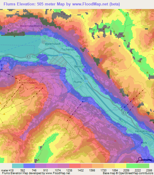 Flums,Switzerland Elevation Map