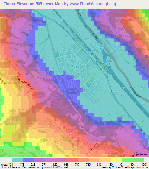 Flums,Switzerland Elevation Map