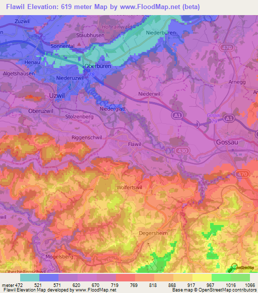 Flawil,Switzerland Elevation Map