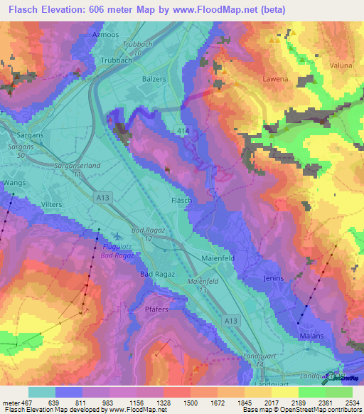 Flasch,Switzerland Elevation Map