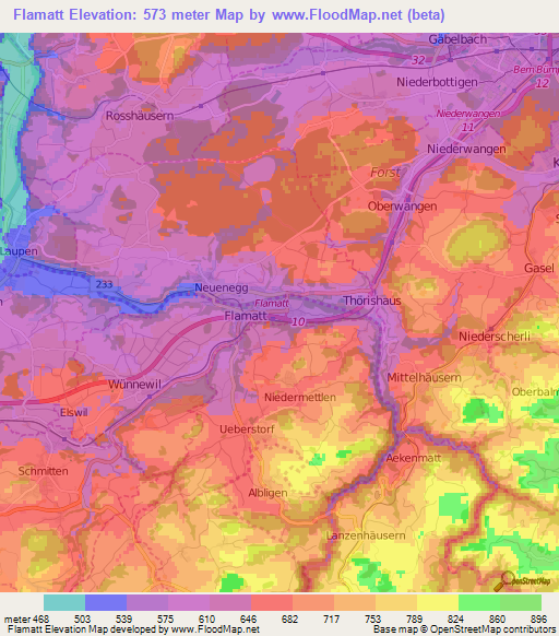 Flamatt,Switzerland Elevation Map