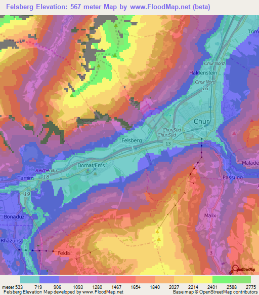 Felsberg,Switzerland Elevation Map