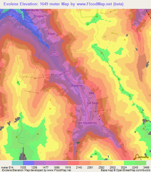 Evolene,Switzerland Elevation Map