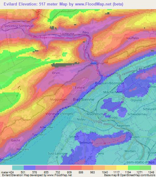 Evilard,Switzerland Elevation Map