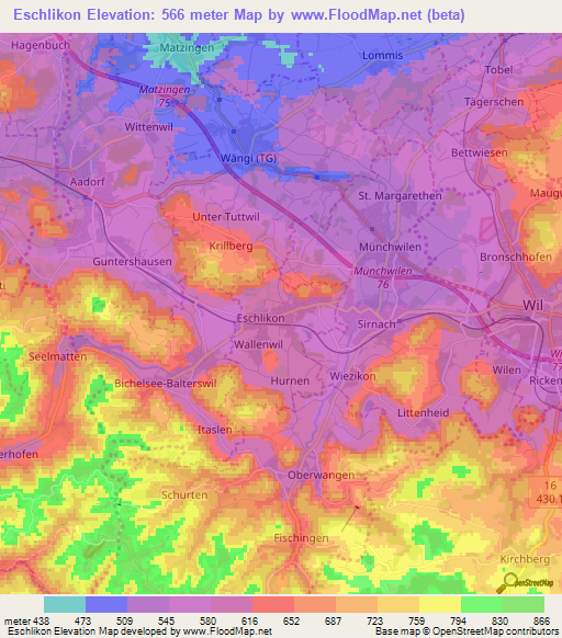 Eschlikon,Switzerland Elevation Map