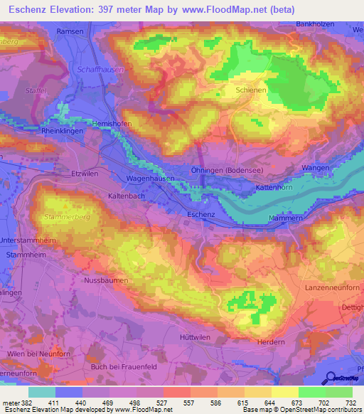 Eschenz,Switzerland Elevation Map