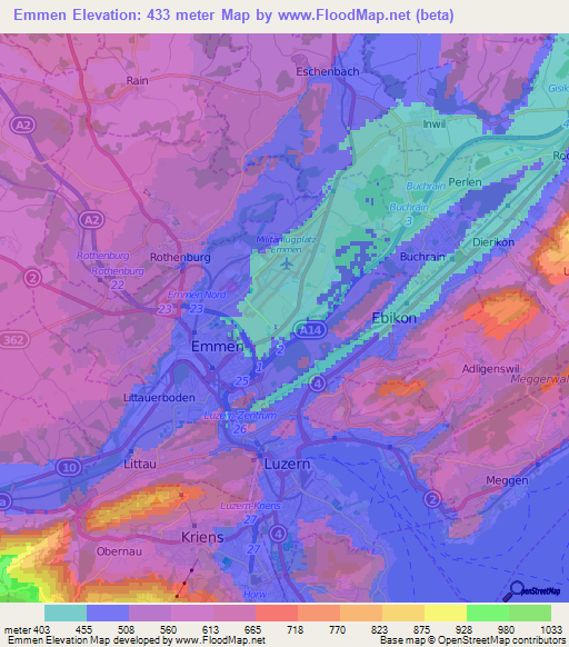 Emmen,Switzerland Elevation Map