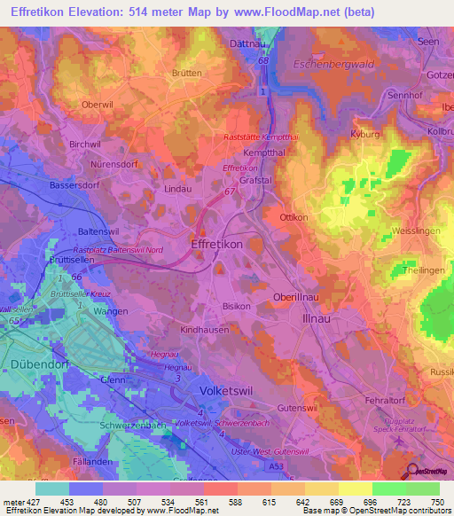 Effretikon,Switzerland Elevation Map