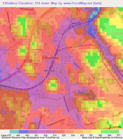 Effretikon,Switzerland Elevation Map