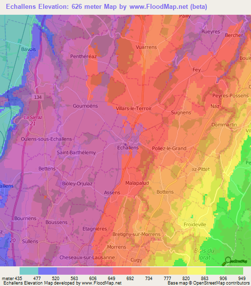 Echallens,Switzerland Elevation Map
