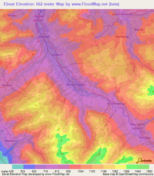 Ebnat,Switzerland Elevation Map