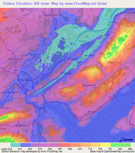 Ebikon,Switzerland Elevation Map