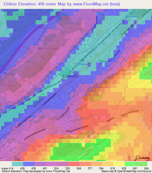 Ebikon,Switzerland Elevation Map