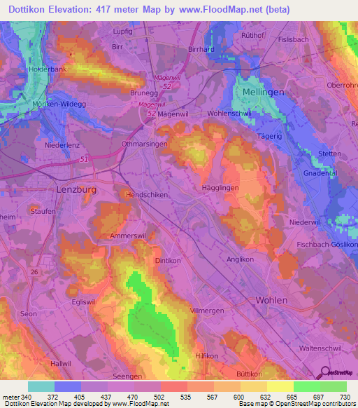 Dottikon,Switzerland Elevation Map
