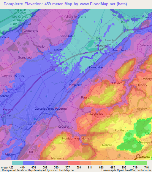 Dompierre,Switzerland Elevation Map